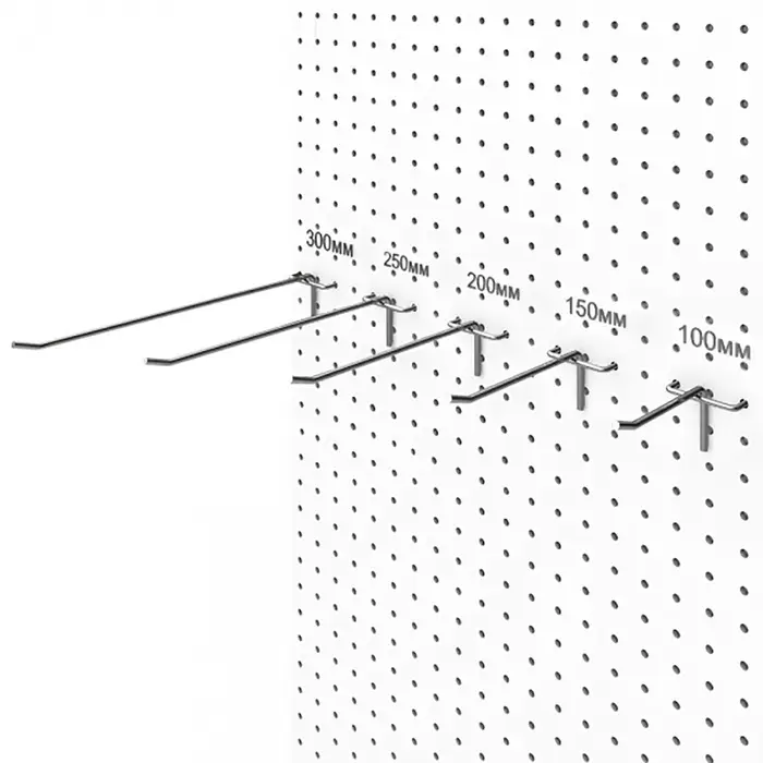 Крючок одинарный на перфорированную ДСП панель, d=4 мм, L=15 см, шаг 25 мм, цинк