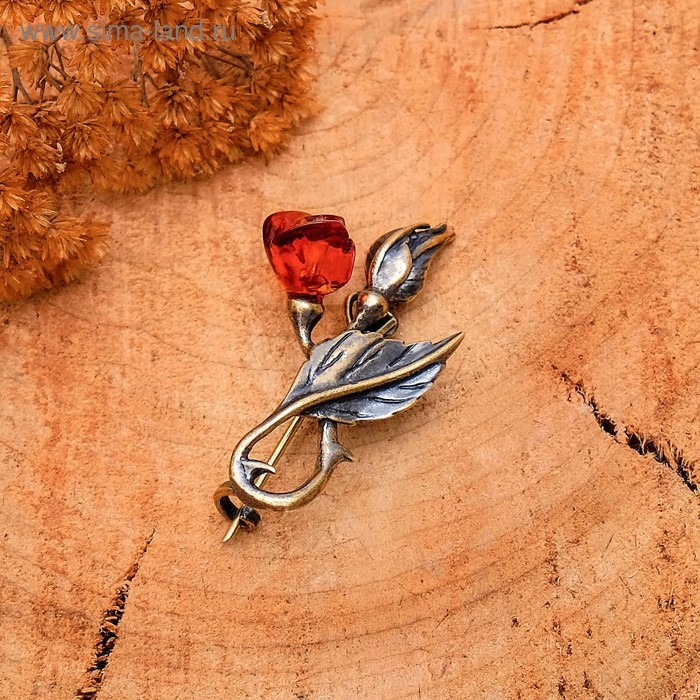 Брошь &laquo;Янтарь&raquo; роза с бутоном, цвет коньячный в бронзе