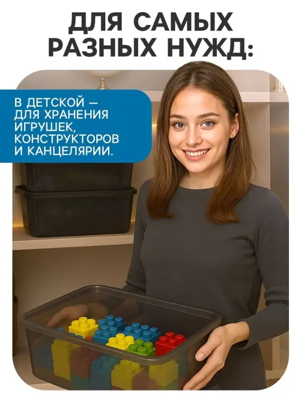 Ящик пластиковый для хранения, с крышкой, объём &mdash; 10 л, прозрачно-чёрный