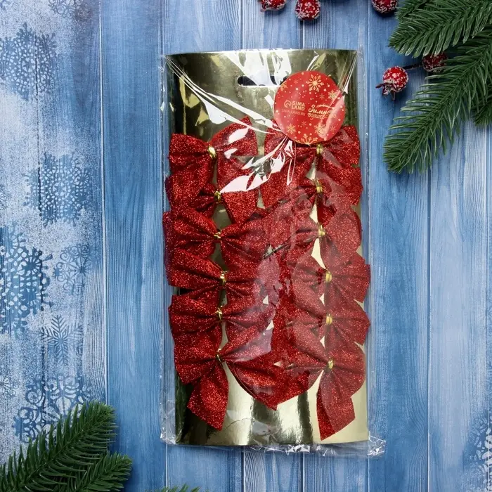 Ёлочные игрушки 12 шт. &laquo;Зимнее волшебство. Бантик - блеск&raquo; пластик, 4.5&times;5.5 см, красный