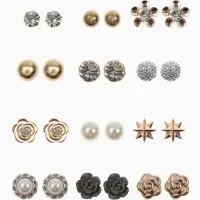 Серьги пусеты 12 пар One year, романтика, бело-серые в золоте