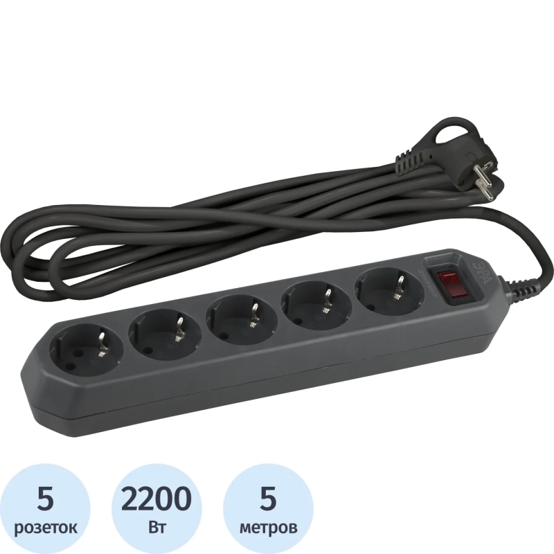 Сетевой фильтр ЭРА, 5 роз/5м/10А/2200Вт, с заземл, черный, USF-5es-5m-B