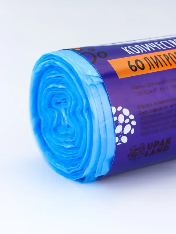 Мешки для мусора в рулоне 60 л, голубые, ПНД, толщина 15 мкм, 50 шт.