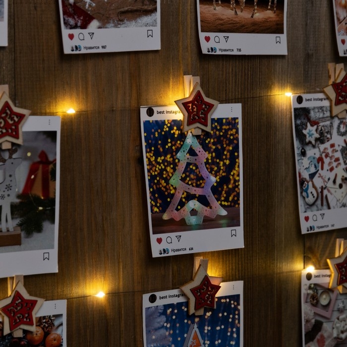 Гирлянда «Нить» 2 м роса с насадками «Прищепки-звёздочки», IP20, серебристая нить, 20 LED, батарейки ААх2 (не в комплекте), свечение тёплое белое Гирлянда «Нить» 2 м роса с насадками «Прищепки-звёздочки», IP20, серебристая нить, 20 LED, батарейки ААх2 (не в комплекте), свечение тёплое белое