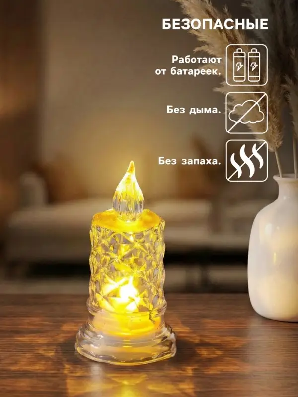 Светодиодная свеча LED - ночник RISALUX &laquo;С подтёками, грани&raquo;, 3&times;LR41, прозрачный, 3.5&times;3.5&times;7 см