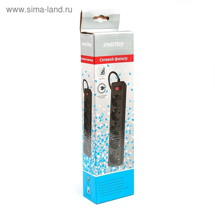 Сетевой фильтр Smartbuy One, 5 розеток, 1.8 м, 10 А, 2200 Вт, с з/к, черный Сетевой фильтр Smartbuy One, 5 розеток, 1.8 м, 10 А, 2200 Вт, с з/к, черный