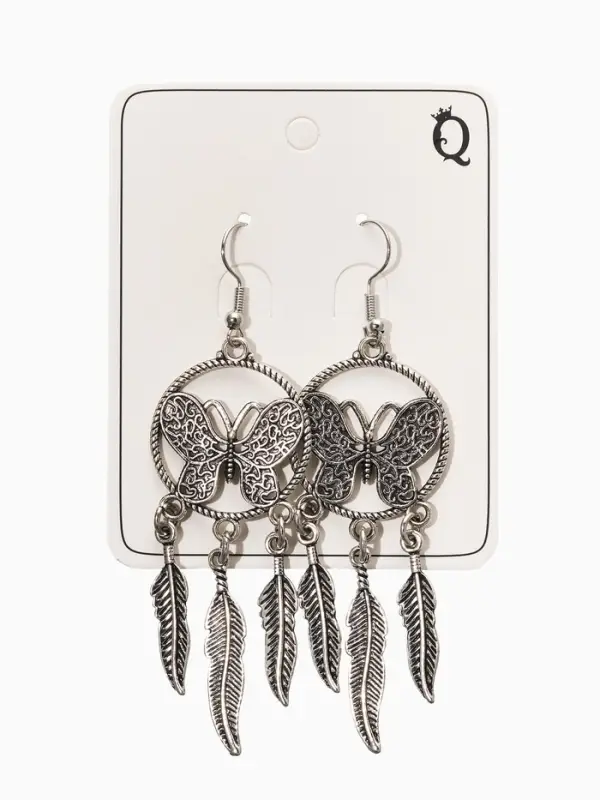 Серьги метал Серьги метал "Аутентичность" бабочка с перьями, цвет чернёное серебро