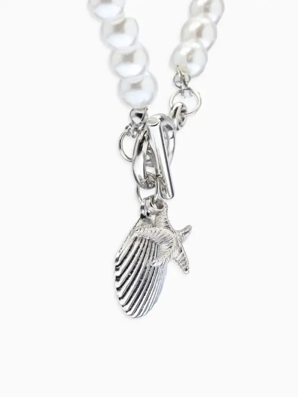 Набор 2 пред-та: бусы.браслет "Жемчуг", ракушка вонголе, цвет белый в серебре L=18/42см №8   1093654