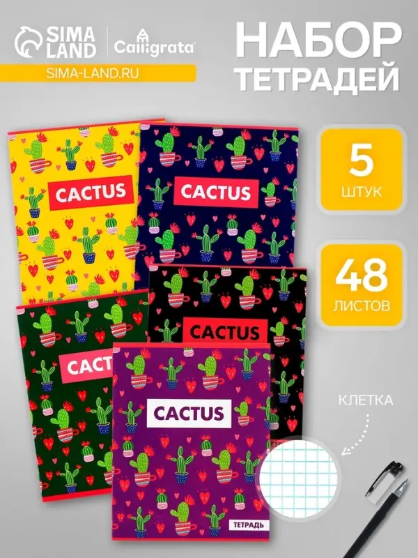 Тетради &laquo;Кактус&raquo;, 48 листов в клетку, 5 штук