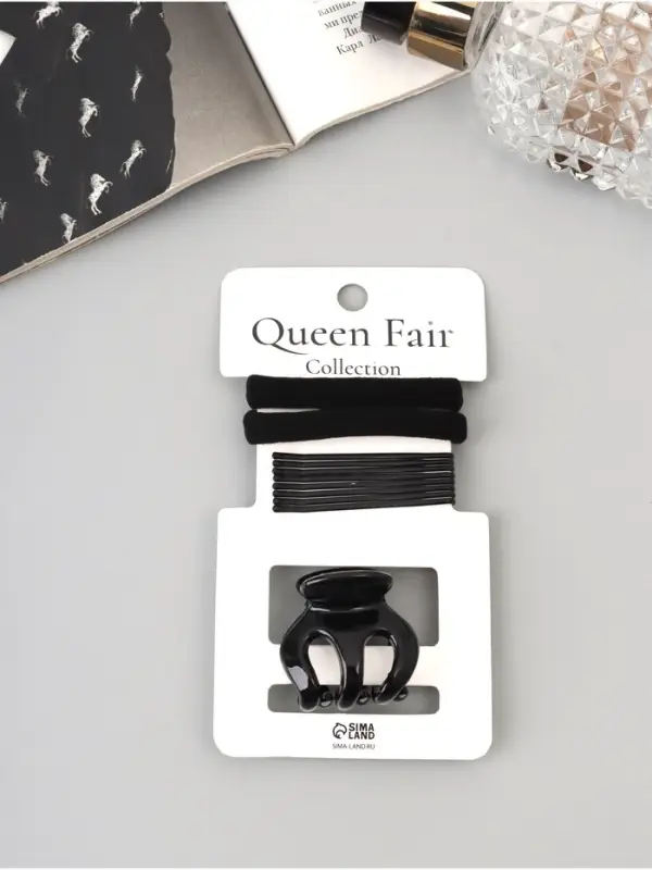 Набор для волос QF &laquo;Вивьен&raquo;, 2 резинки 5.5 см, 8 невидимок 5.5 см, краб 3 см, зубья, чёрный