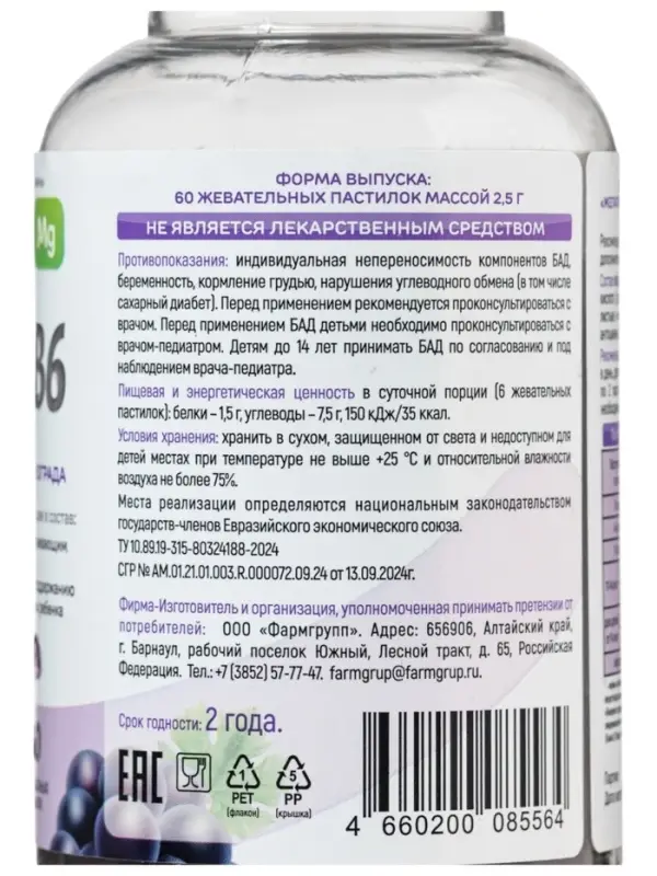 Желатиновые пастилки &laquo;Глицин + В6&raquo;, со вкусом винограда, 60 таблеток по 2.5 г