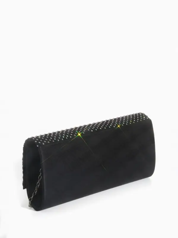 Сумка-клатч женская вечерняя на магните, на цепочке, комбинированная, со стразами, чёрная