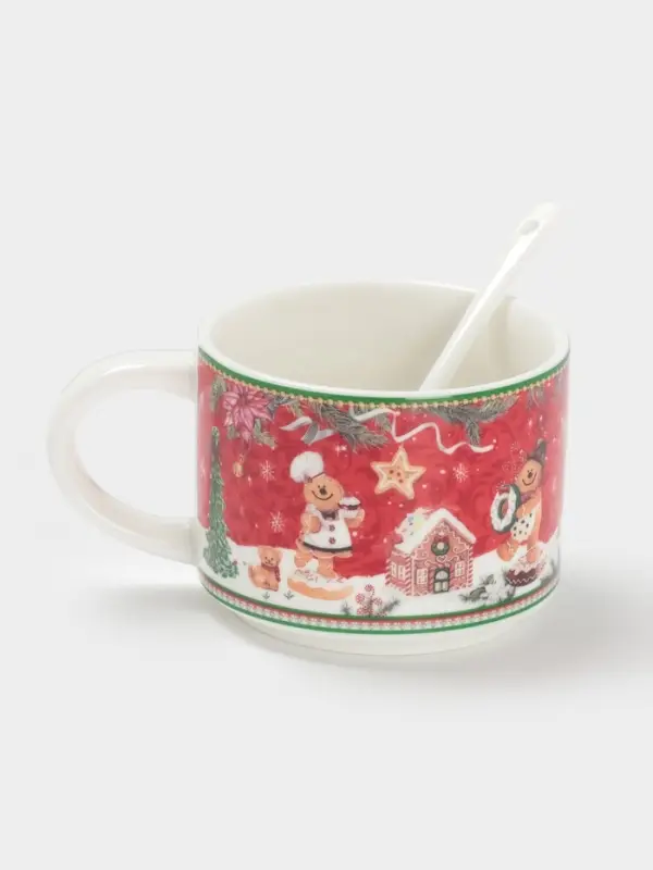 Кружка новогодняя «Пряничный домик», с ложкой, 280 мл, керамика, подарочная упаковка, красная Кружка новогодняя «Пряничный домик», с ложкой, 280 мл, керамика, подарочная упаковка, красная