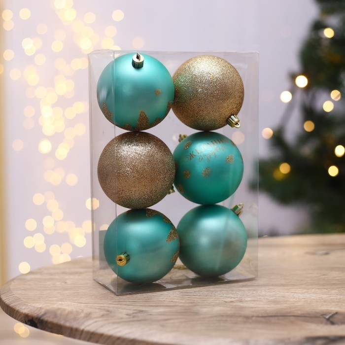 Шары ёлочные новогодние «Желания сбудутся!», на Новый год, пластик, d=8, 6 шт., цвет тиффани и золотой Шары ёлочные новогодние «Желания сбудутся!», на Новый год, пластик, d=8, 6 шт., цвет тиффани и золотой