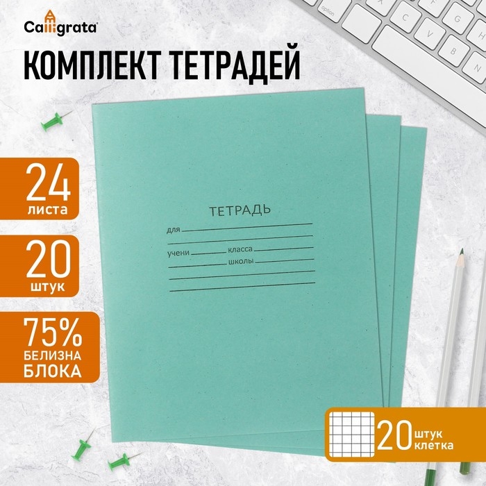 Комплект тетрадей из 20 штук, 24 листа в клетку КПК  Комплект тетрадей из 20 штук, 24 листа в клетку КПК "Зелёная обложка", 60 г/м2, блок №2, белизна 75% (серые листы)