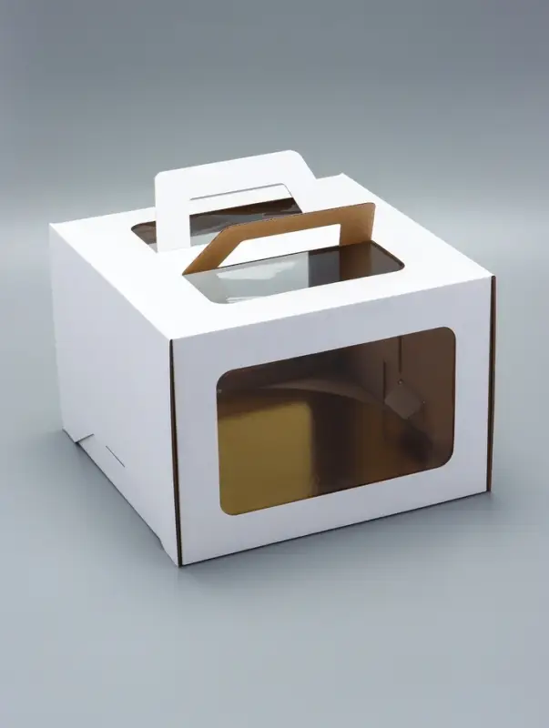 Коробка под торт 2 окна, с ручками, белая, + подложка 2.5 золото - белый, 28&times;28&times;20 см