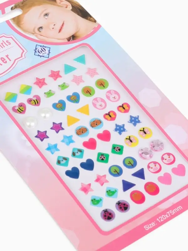 Серьги наклейки детские, пластик, улыбка, фигуры, цветные