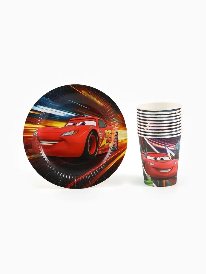 Посуда одноразовая бумажная на 10 персон: стаканы, тарелки, скатерть, Машинки