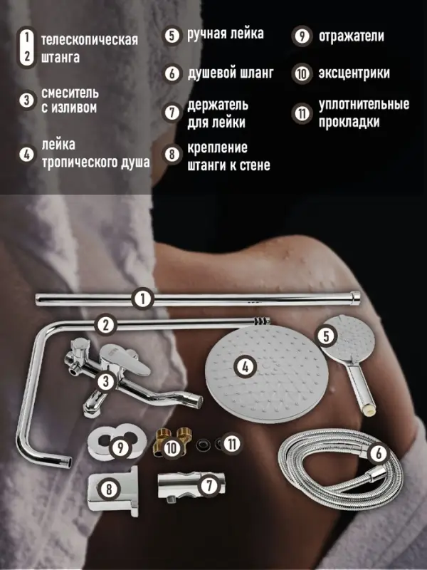 Душевая система ZEIN ZS-1, смеситель, тропическая и ручная лейка 3 режима, латунь, хром