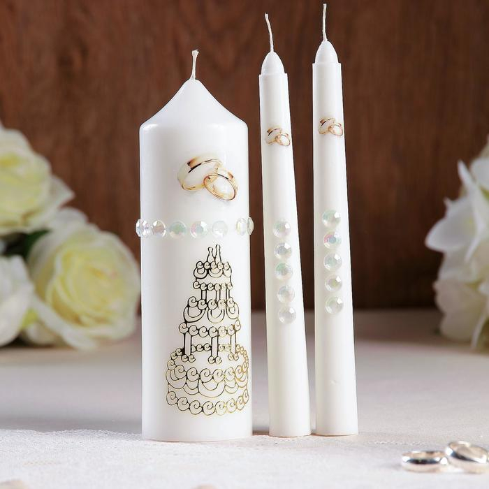 Набор свадебных свечей с бусинами  Набор свадебных свечей с бусинами "Обручальные кольца", белый, ручная работа, микс