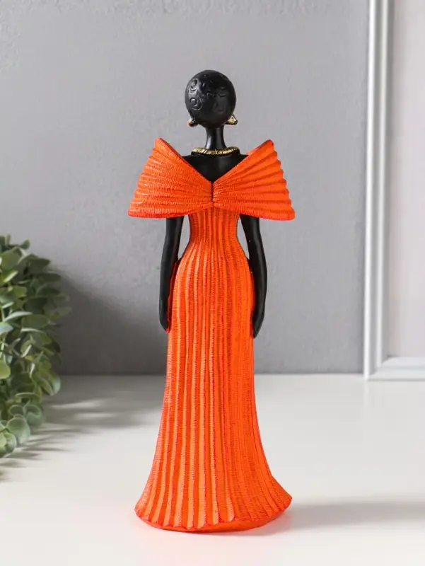 Сувенир полистоун "Девушка в ярко-оранжевом платье с большим бантом" чёрный 11х9,5х30,5 см   1092991