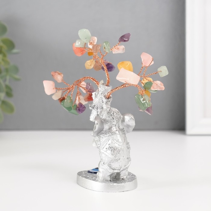 Сувенир бонсай "Серебристый слон с денежным деревом" цветные 36 камней 6,2х4,5х13,5 см