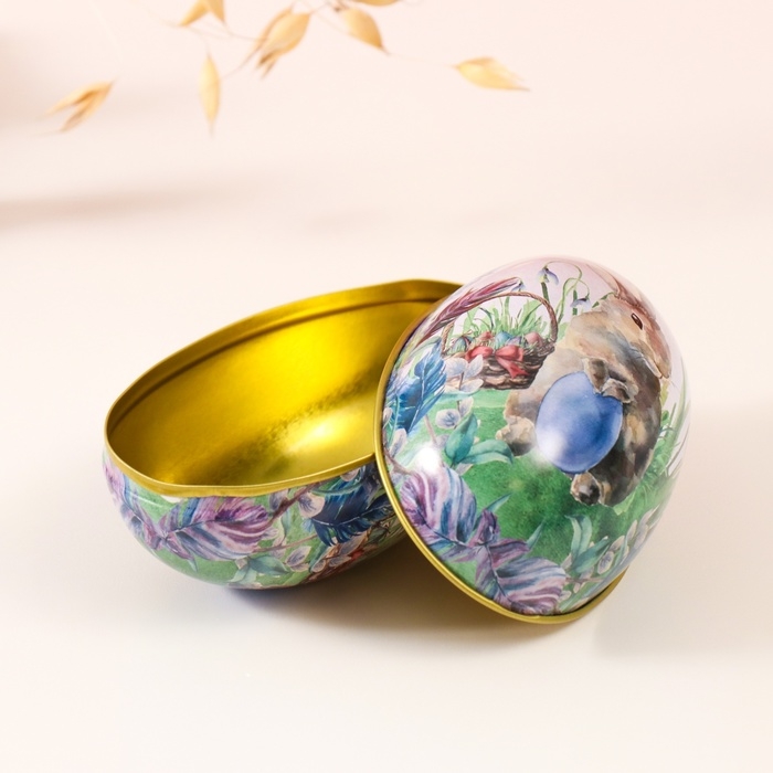 Шкатулка металл яйцо Шкатулка металл яйцо "Пасхальный зайка в траве с яичком" 7х6,5х11 см