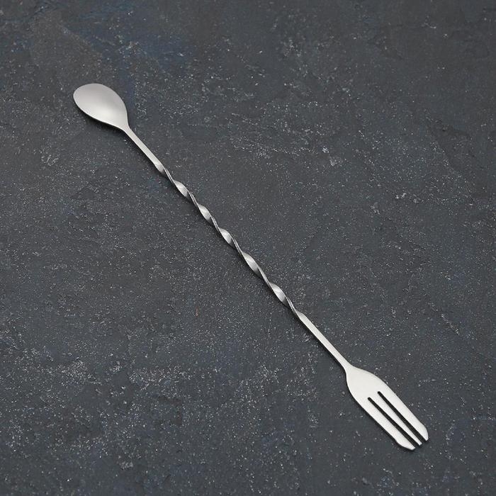 Ложка барная из нержавеющей стали с вилкой, длина 32,5 см, цвет серебряный Ложка барная из нержавеющей стали с вилкой, длина 32,5 см, цвет серебряный