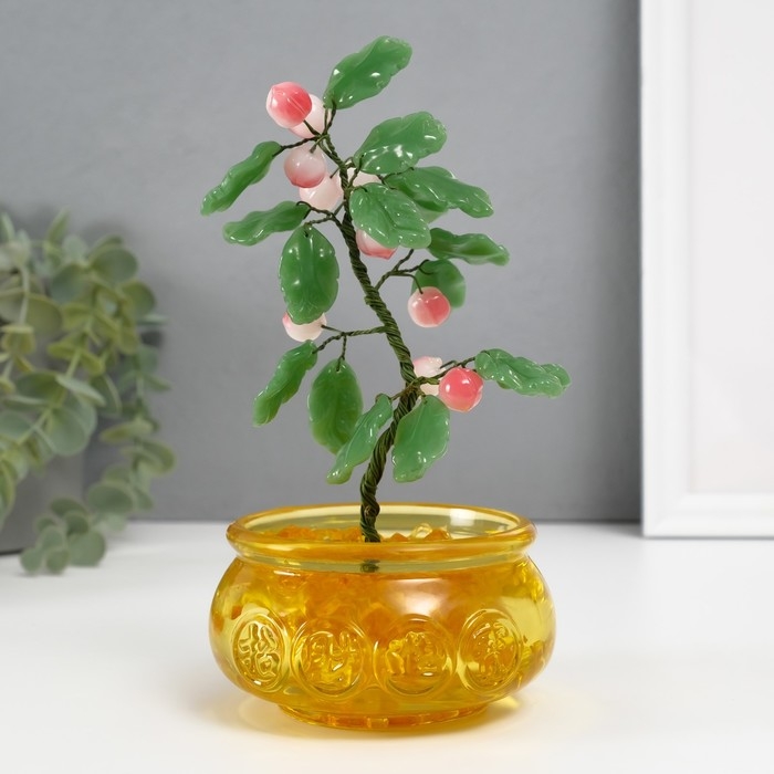 Сувенир бонсай  Сувенир бонсай "Дерево с персиками в чаше богатства" розовый 10 персиков 9х9х14 см
