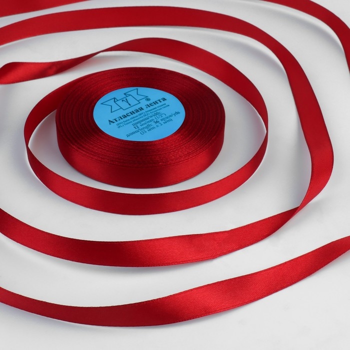 Лента атласная, 12 мм &times; 33 &plusmn; 2 м, цвет красный №065