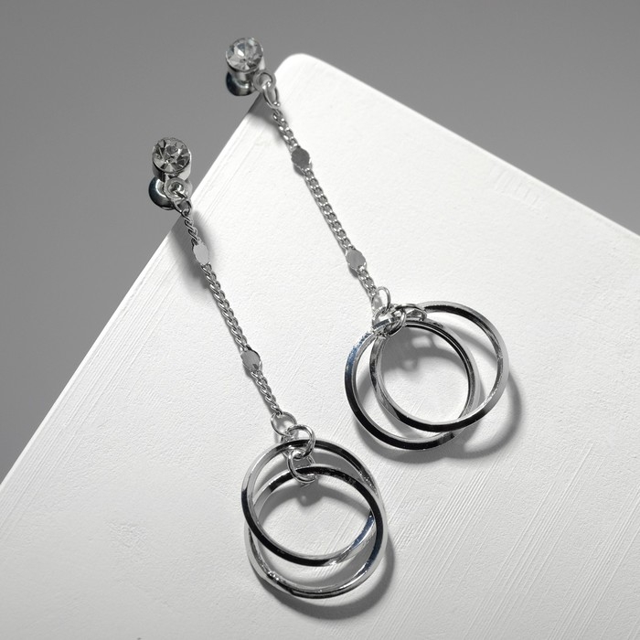 Серьги висячие со стразами «Чувства» кольца, цвет белый в серебре, 5,5 см Серьги висячие со стразами «Чувства» кольца, цвет белый в серебре, 5,5 см