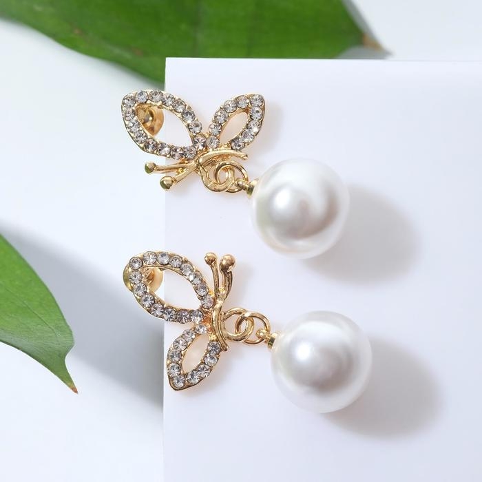Серьги с жемчугом «Бабочка» с бусиной, цвет белый в золоте Серьги с жемчугом «Бабочка» с бусиной, цвет белый в золоте