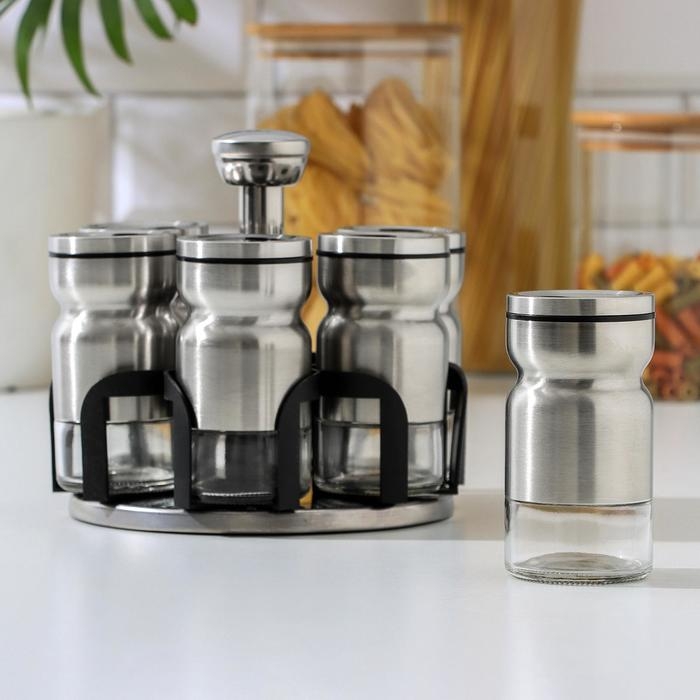 Набор для специй из стекла на подставке «Сияние», ёмкость, 5,5×10,5 см, 6 шт Набор для специй из стекла на подставке «Сияние», ёмкость, 5,5×10,5 см, 6 шт