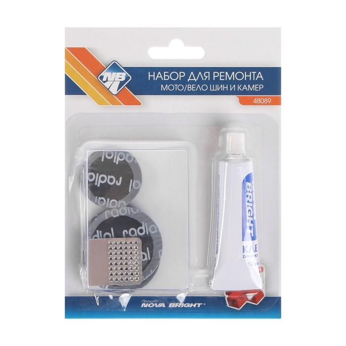 Набор заплаток для ремонта камер Nova Bright, 2 шт - 42 мм, 3 шт - 32 мм, клей, рашпиль Набор заплаток для ремонта камер Nova Bright, 2 шт - 42 мм, 3 шт - 32 мм, клей, рашпиль