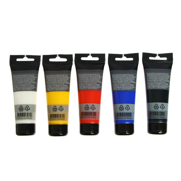 Краска акриловая в тубе, набор 5 цветов х 75 мл, Гамма Краска акриловая в тубе, набор 5 цветов х 75 мл, Гамма "Студия" , морозостойкая, в картонной коробке, 140820201