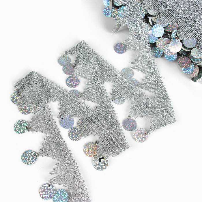 Тесьма с монетками, голография, серебристые уголки, в рулоне 20 метров Тесьма с монетками, голография, серебристые уголки, в рулоне 20 метров