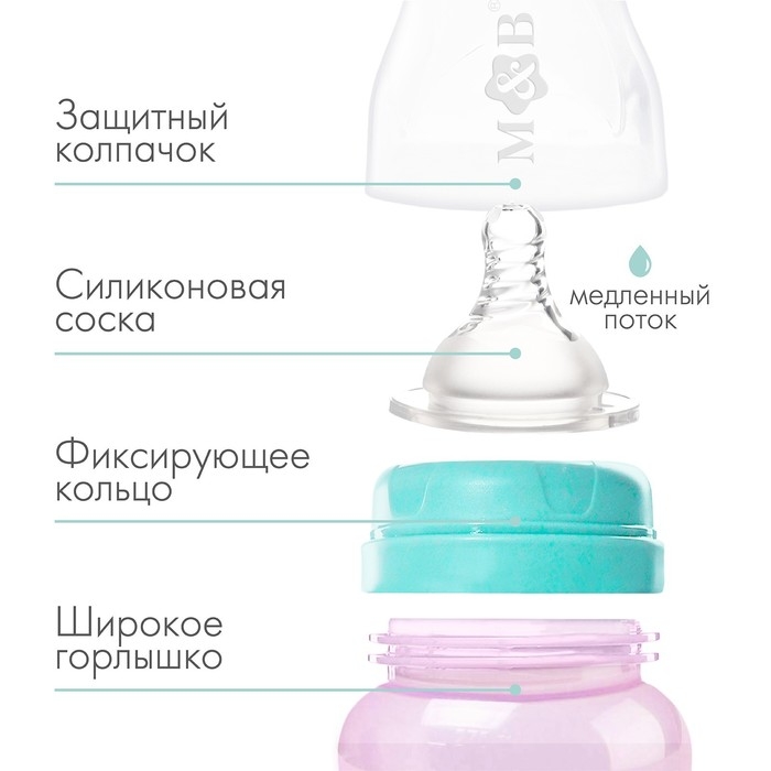 Бутылочка для кормления, широкое горло, 270 мл, розовый/бирюзовый Бутылочка для кормления, широкое горло, 270 мл, розовый/бирюзовый