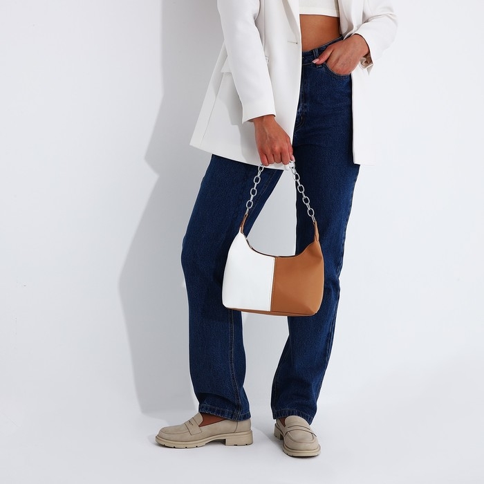 Сумка-багет на молнии, цвет белый/коричневый Сумка-багет на молнии, цвет белый/коричневый