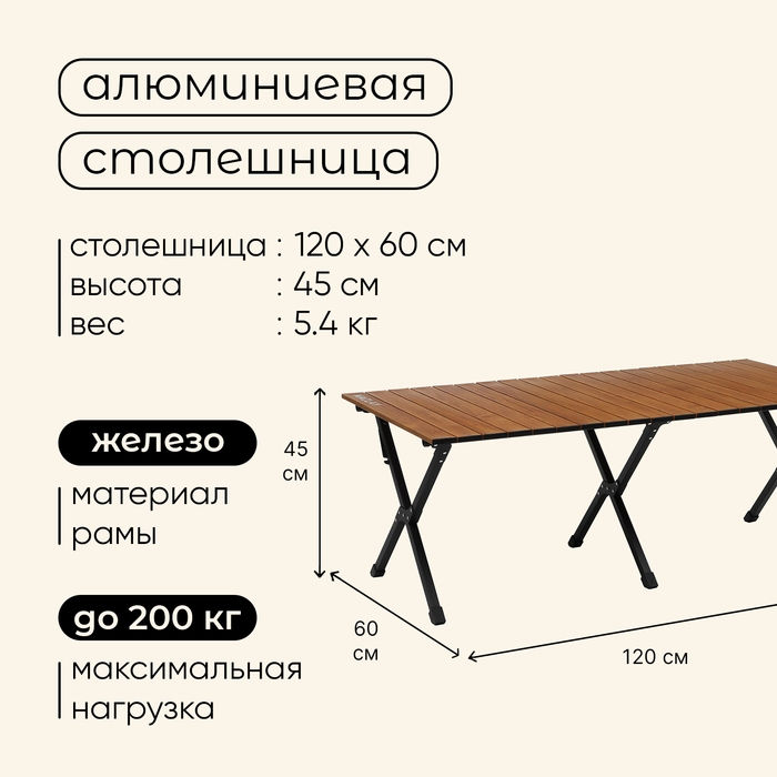 Стол для кемпинга Maclay, складной, 120х60х45 см