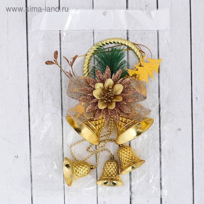 Украшение новогоднее  Украшение новогоднее "Колокольчики на кольце с цветком и бантиком" 12х30 см, золото