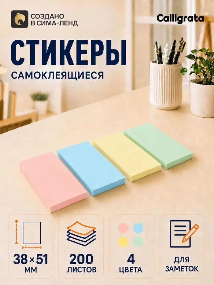 Набор блоков с липким краем, 38&times;51 мм, 4 по 50 листов