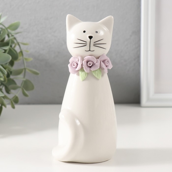 Сувенир керамика Сувенир керамика "Котик белый сидящий с цветочным ошейником" 6,5х6,2х14,3 см