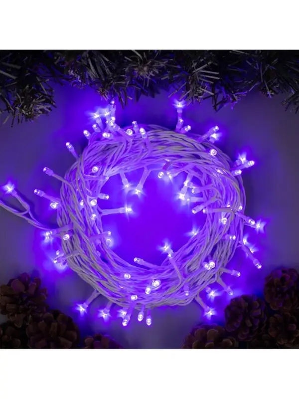 Гирлянда &laquo;Нить&raquo; 10 м, IP44, белая нить, 100 LED, свечение фиолетовое, 8 режимов, 220 В