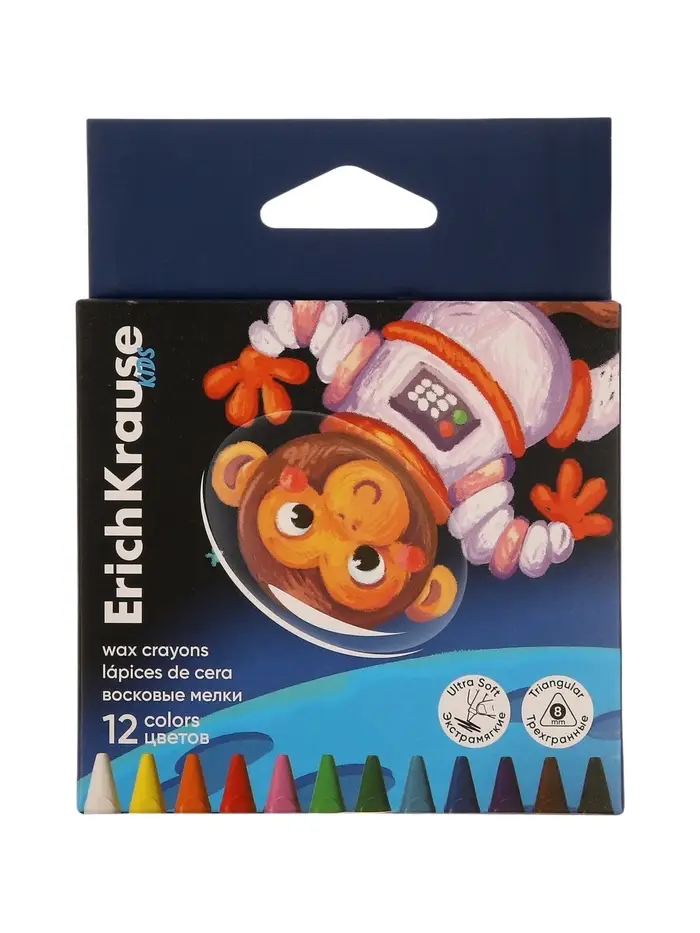 Восковые мелки 12 цветов, ErichKrause Kids Space Animals, трёхгранные