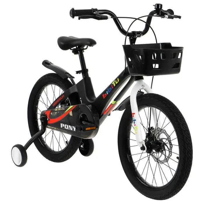 Велосипед детский BIBITU PONY, диаметр колёс 16", со съёмными колёсами, с корзиной, чёрный