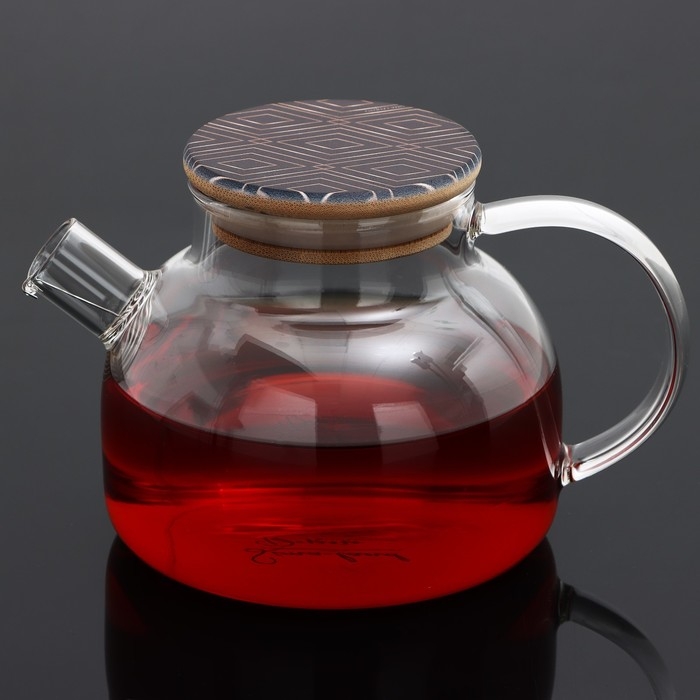 Чайник стеклянный заварочный с бамбуковой крышкой «Геометрия», 600 мл Чайник стеклянный заварочный с бамбуковой крышкой «Геометрия», 600 мл