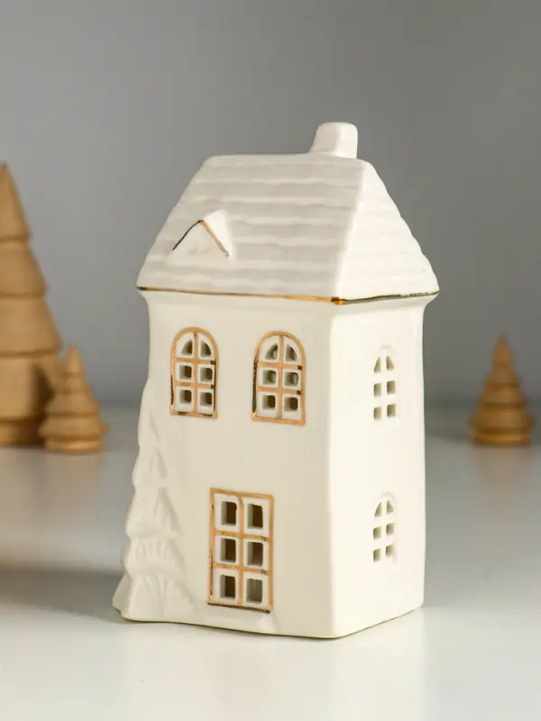 Сувенир керамика свет "Домик с ёлочкой" белый с золотом 7,5х6,5х14 см