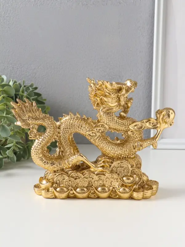 Нэцкэ полистоун "Дракон с шаром на монетах" золото 21х16,5х6 см
