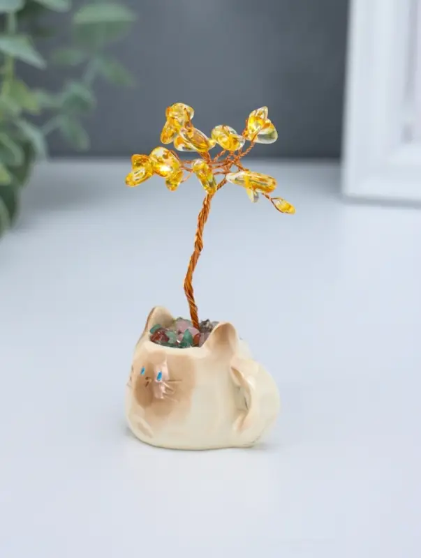 Сувенир "Котик-кружка и жёлтое дерево" 12 камней 3,5х4,7х7,5 см