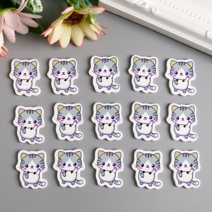 Набор пуговиц для творчества дерево "Котёночек - Привет!" набор 15 шт 2,7х2,3 см